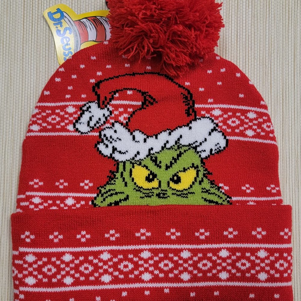 DR SEUSS THE GRINCH CHRISTMAS POM POM RED BEANIE HAT ONE SIZE